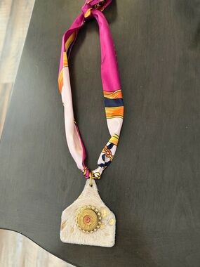 Fuchsia and Pastel Silk Scarf Necklace with Cow Hair Pendant